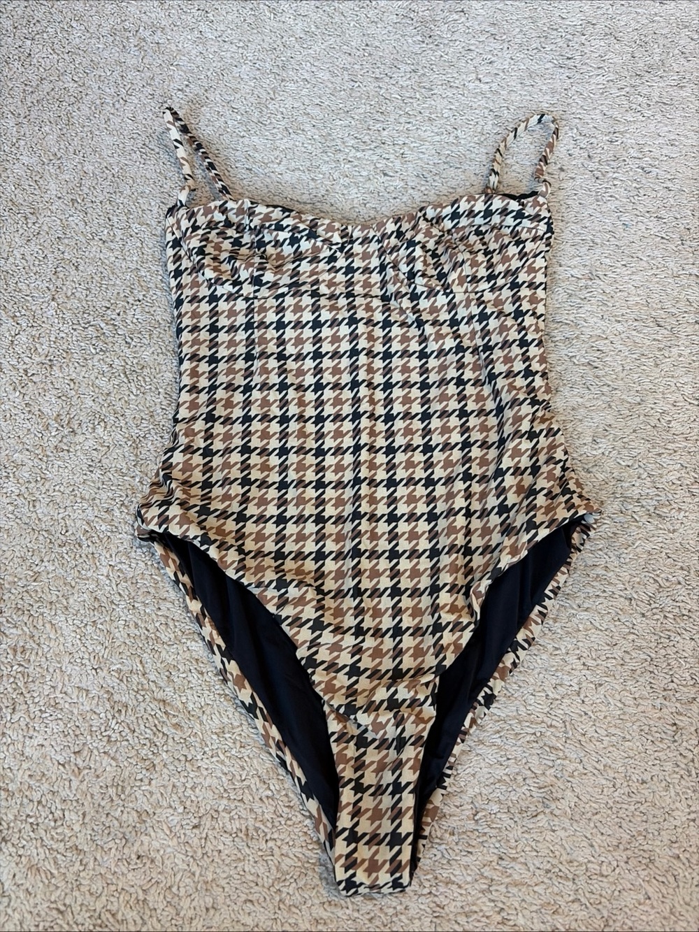 Haight Brown Tan Black Houndstooth One Piece Swimsuit Size Small